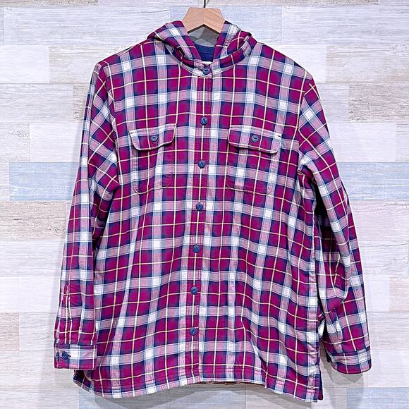 LL Bean Hooded Fleece Lined Shacket Red Blue Plaid Shirt Jacket Womens Large - Picture 1 of 6